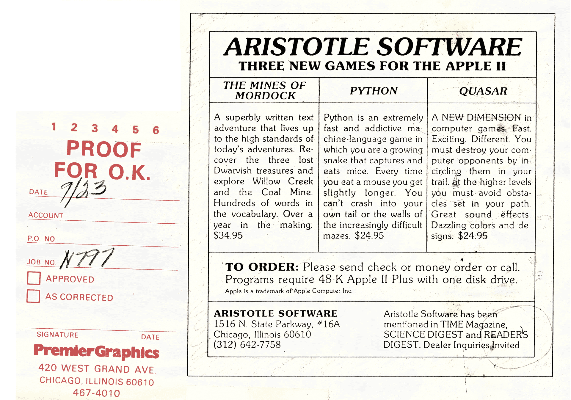Aristotle Software - Ad Proof from 1982 - Three New Programs